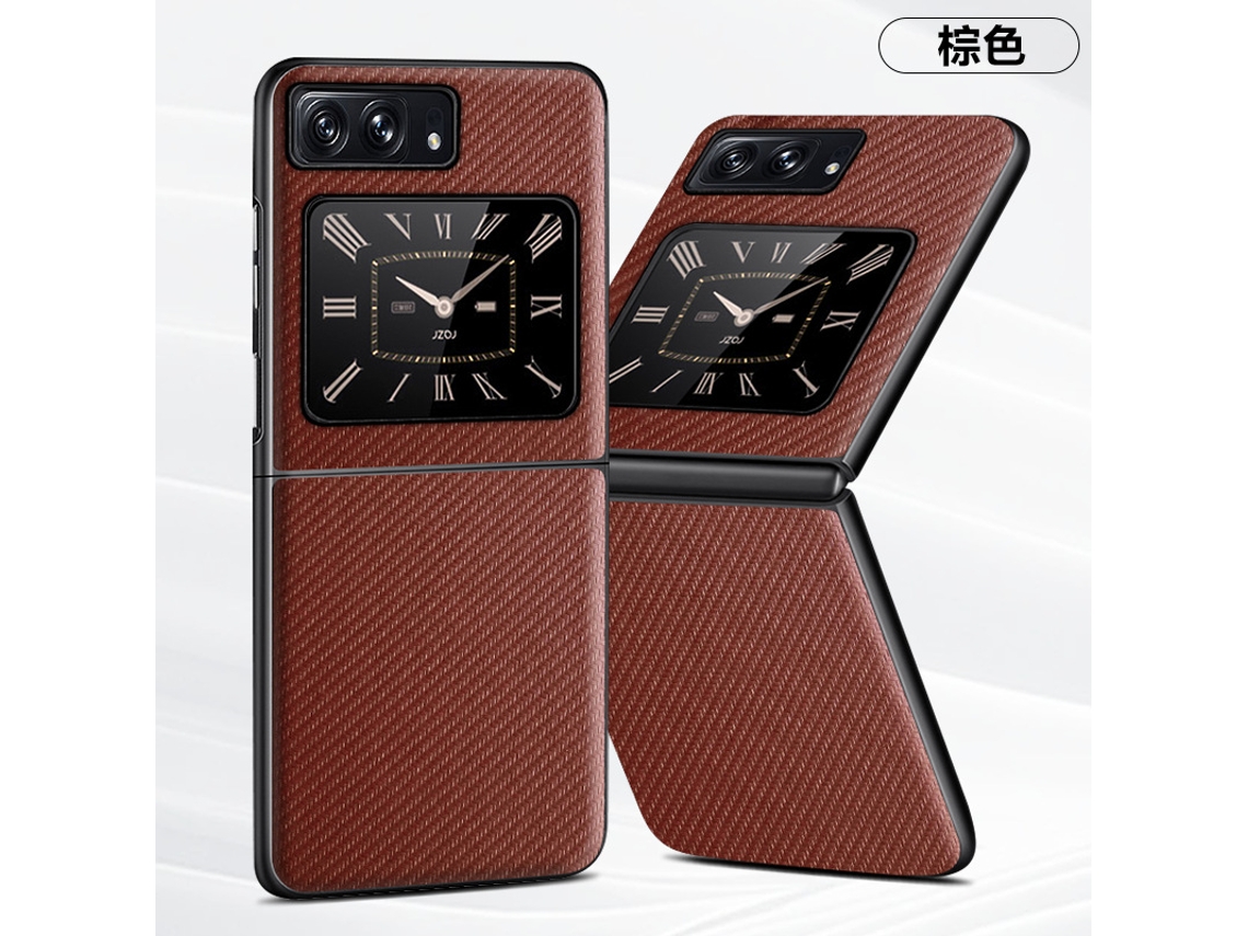 Capa De Celular Em Couro Anti-impressão Digitalmarrom Fibra De Carbono - Conjunto De Três Peças Para Moto Razr 50 Ultra/razr 2024