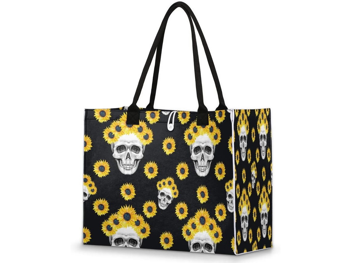 Bolsa de Ombro Grande Tropicallife com Alça Superior e Estampa de Caveira com Girassol Amarelo 42 X 17 X 33 Cm