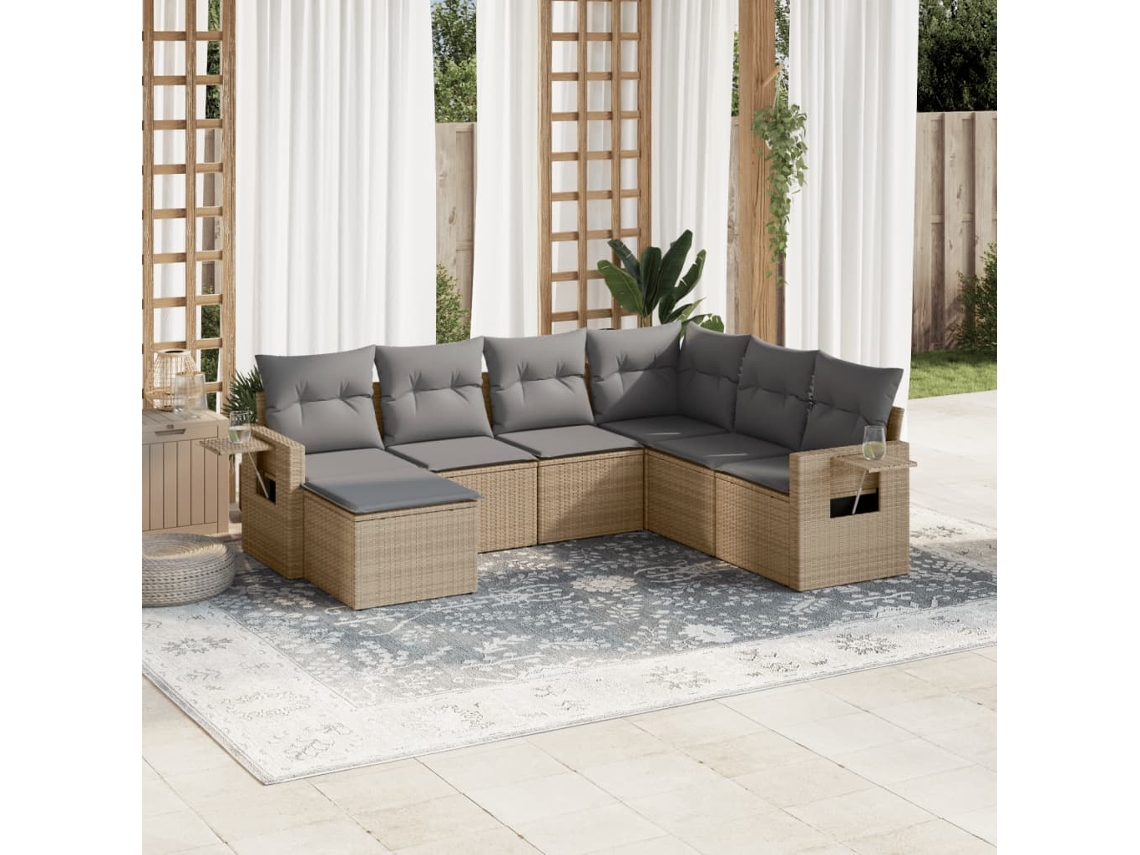 Vidaxl 7 Pcs Conjunto de Sofás P/ Jardim com Almofadões Vime Pe Bege
