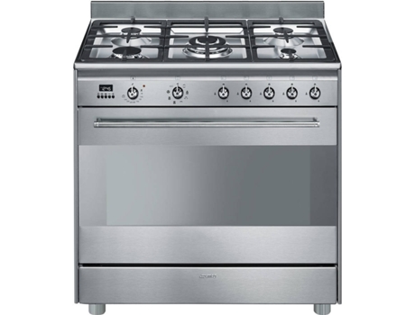 Fogão SMEG SCB91MFX9 (114 L - Eléctrico e Gás - Natural e Butano-Propano - Inox) — Fogão c/ Placa a Gás, 90x60 cm, Aço Inox, 5 comandos eletrónicos, Forno c/ 8 funções, Limpeza VaporClean, Interior em esmalte Ever Clean, Programador c/ início diferido e fim de cozedura automático