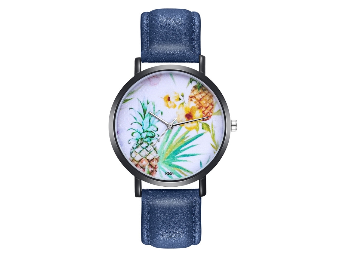 Relógio de Pulso Feminino com Padrão de Frutas Pulseira de Couro Pu Quartzo Azul