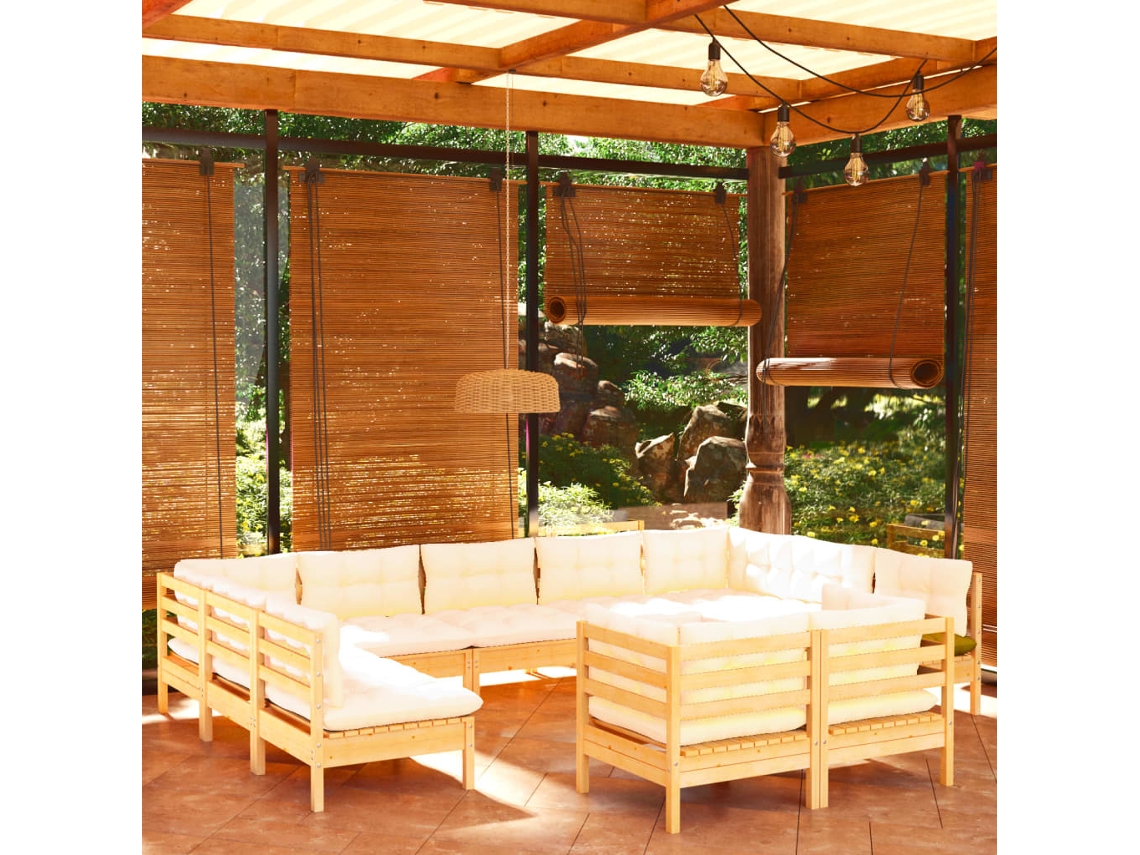 Vidaxl 11 Pcs Conjunto Lounge Jardim C/ Almofadões Creme Pinho Maciço