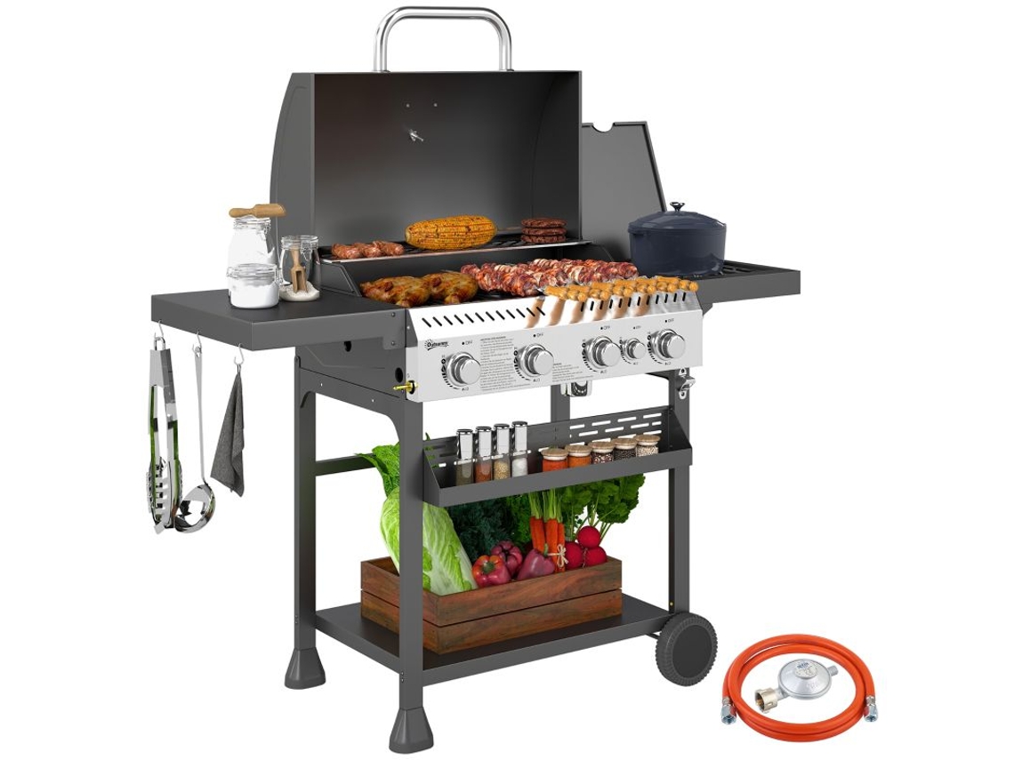 Churrasqueira A Gás Preta Com 4 Queimadores Principais, Queimador Lateral E Chapa De Aquecimento 135x55x103 Cm Para Churrasco Perfeito