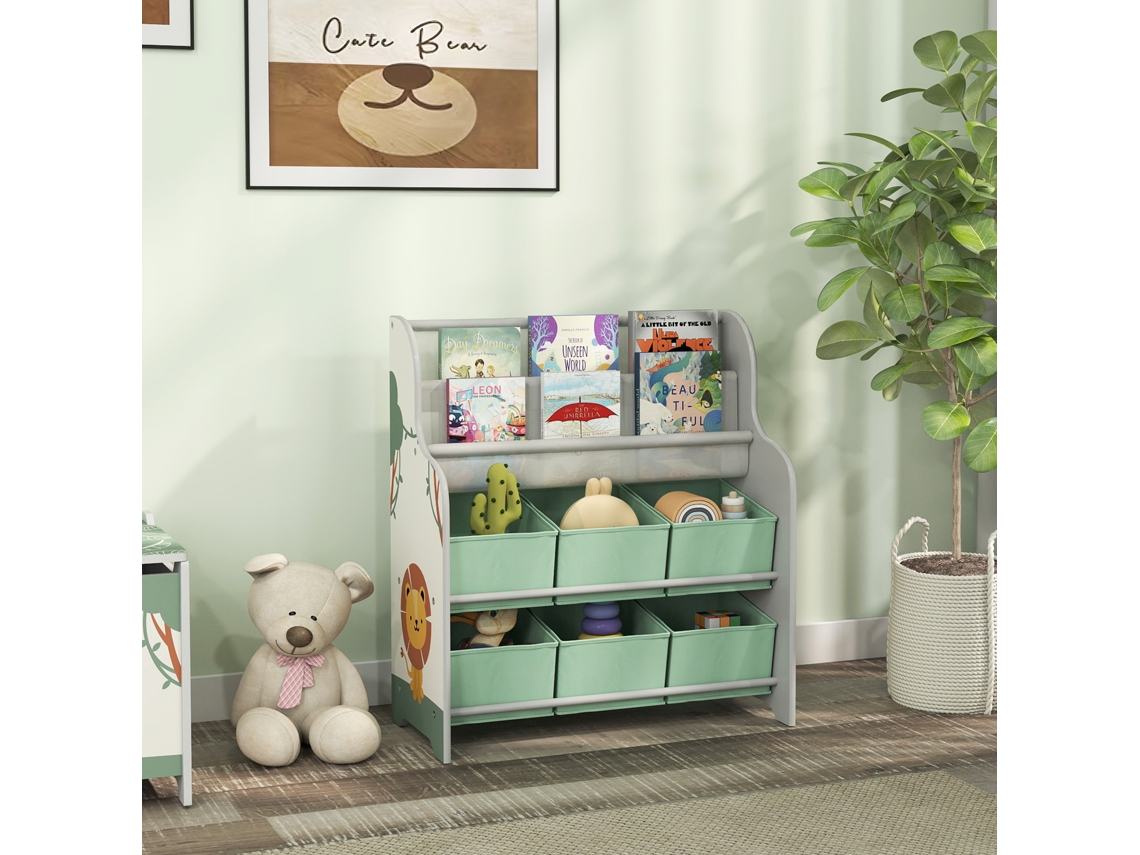 Estante Infantil Para Brinquedos Com 6 Caixas Tecido Não Têxtil Organizador De E 2 Prateleiras 63x30x71 Cm Verde