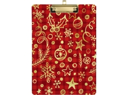 Prancheta Infantil com Estampa Natalina em Xadrez Vermelho e Dourado, Transparente. 31,8 X 22,9 0,3 Cm