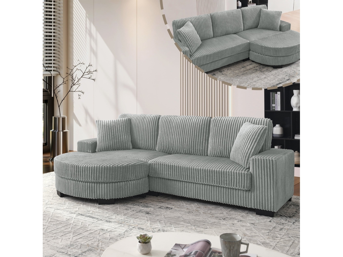 Sofá de Canto em L 256,5x133,5x89 Cm Modular 4 Lugares Veludo, Otomana Oval, 2 Almofadas Sala/apartamento/escritório Cinza NOVELA