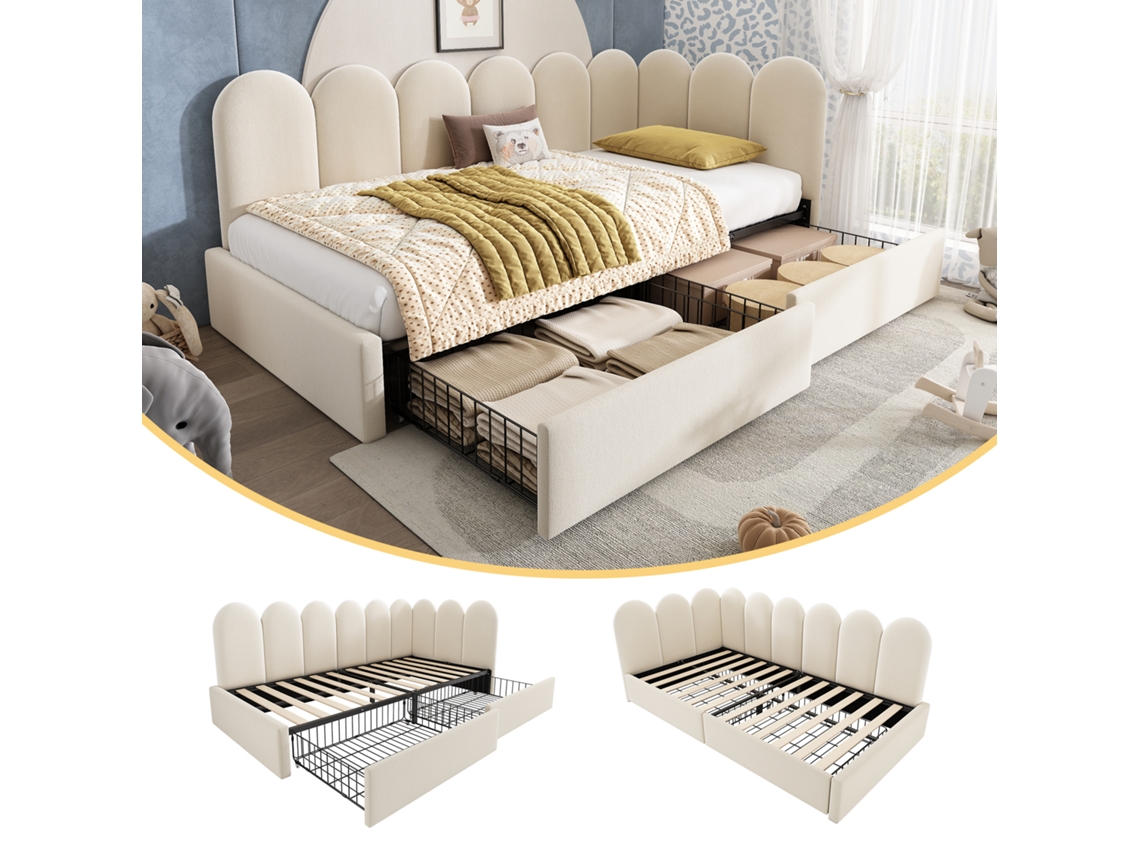 Sofa-cama Acolchoado Sem Colchao Com Base Ripada E Arrumacao De Pelucia Na Cor Bege Uso Juvenil