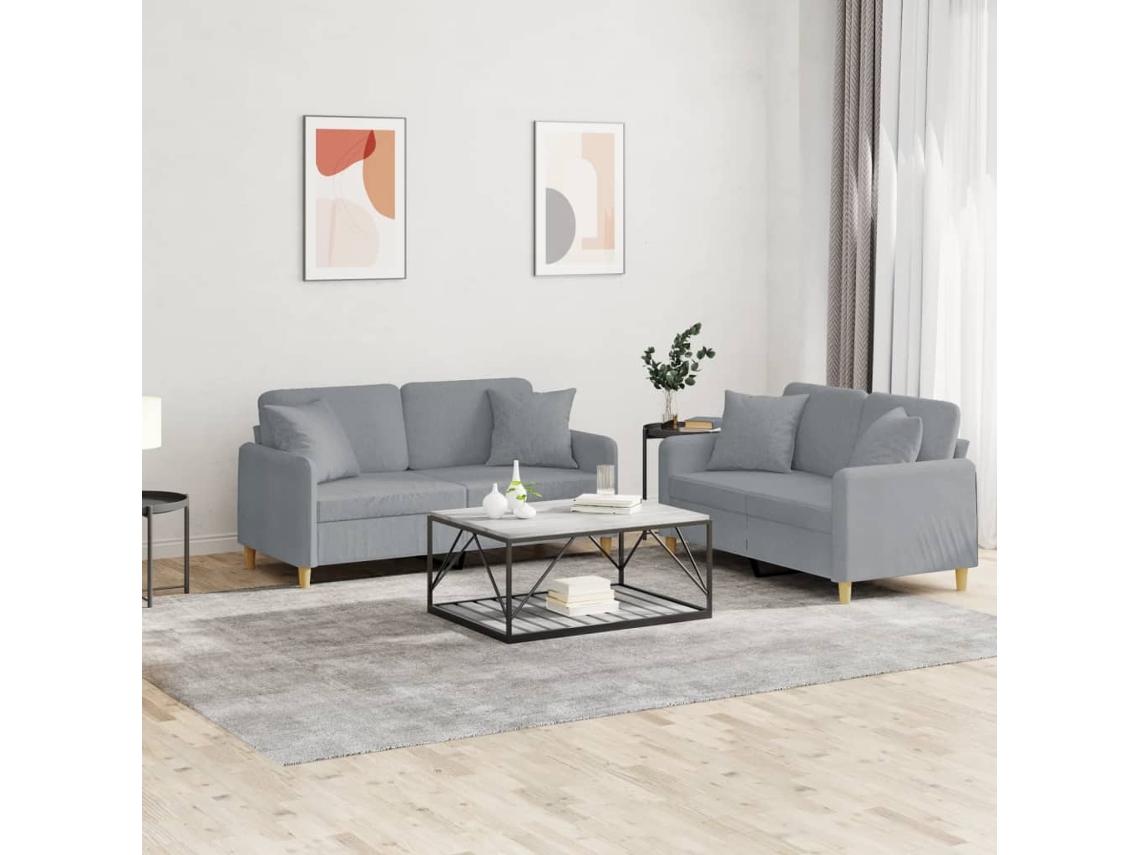 Vidaxl 2 Pcs Conjunto De Sofás Com Almofadas Tecido Cinzento-claro