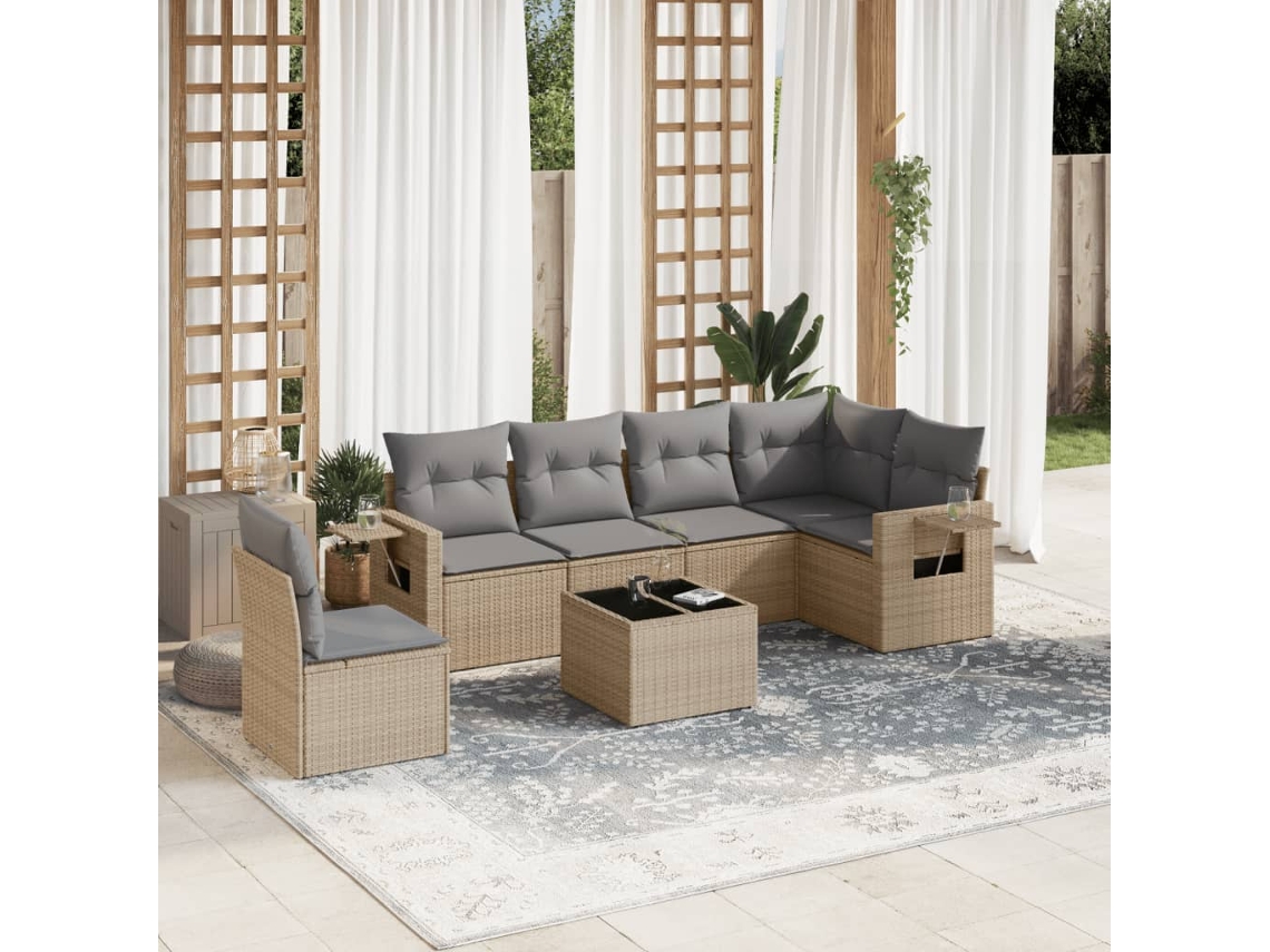 Vidaxl 7 Pcs Conjunto De Sofás P/ Jardim Com Almofadões Vime Pe Bege
