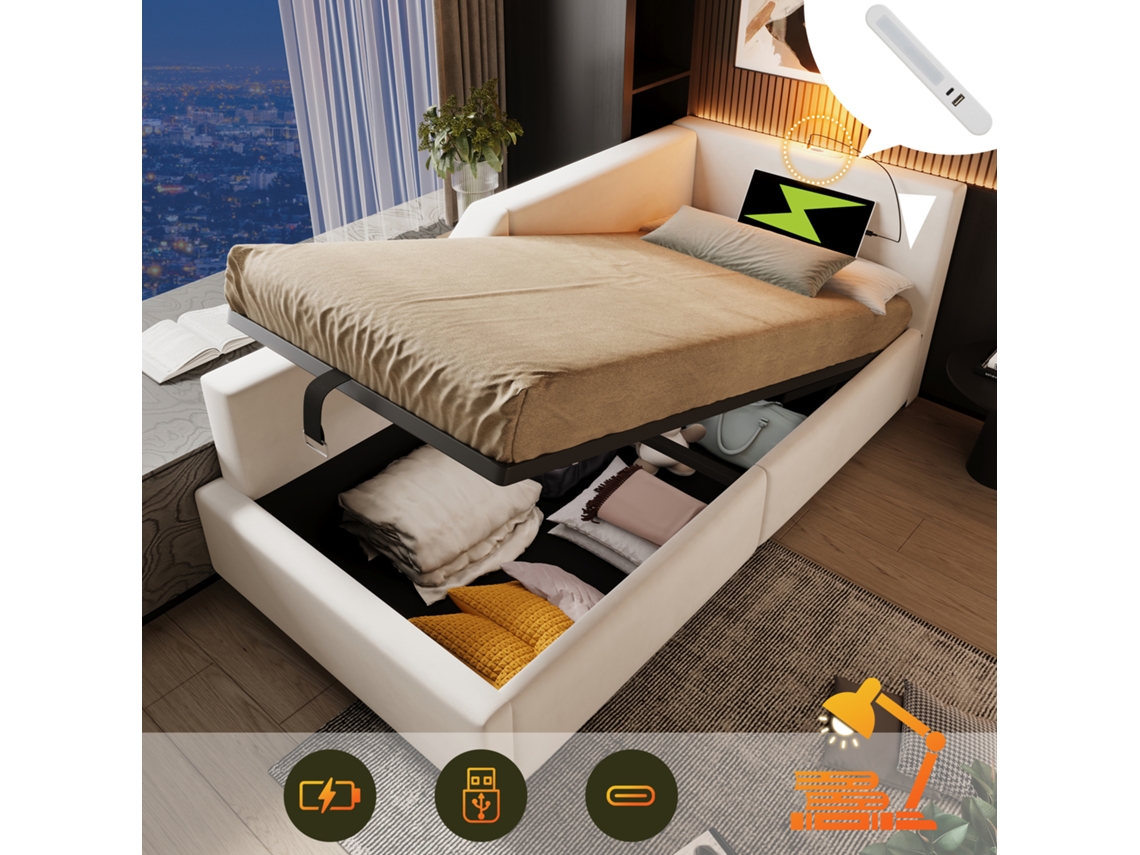 Cama Dia Bege 90x200cm Estofada, Veludo, Hidráulica, Luz Leitura, Usb-c.-op