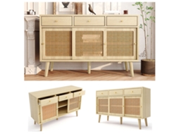 Sideboard 120x40x78cm, 3 Schubladen+3 Schiebetüren, Rattan, Massive Holzbeine, Goldgriffe, Eiche-hm