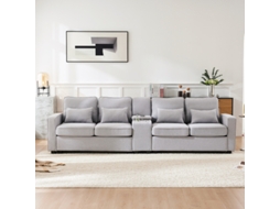 Sofá moderno Linho de 4 lugares com console, porta-moedas, entrada USB, bolsas e almofadas para sala de estar.