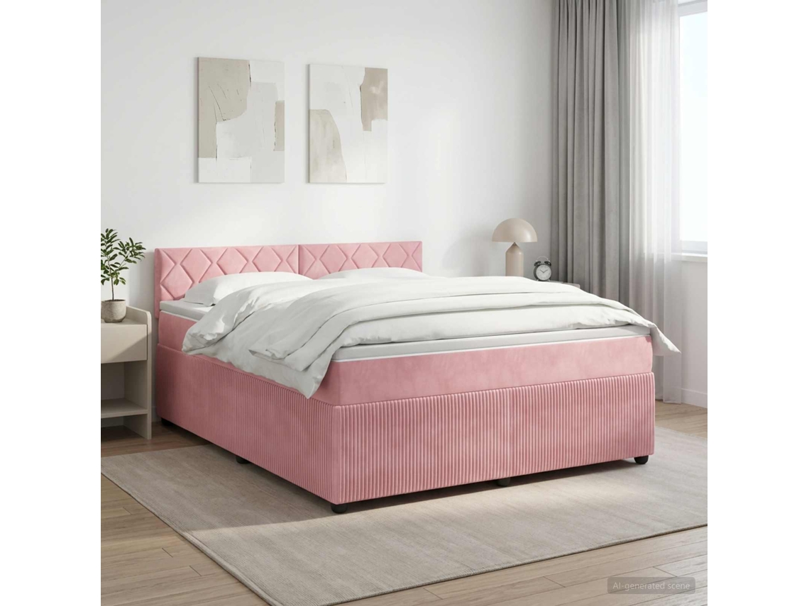 Vidaxl Cama Box Spring Com Colchão Rosa 160 X 200 Cm Veludo