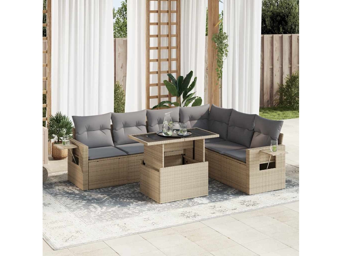 Vidaxl 7 Pcs Conjunto De Sofás P/ Jardim Com Almofadões Vime Pe Bege