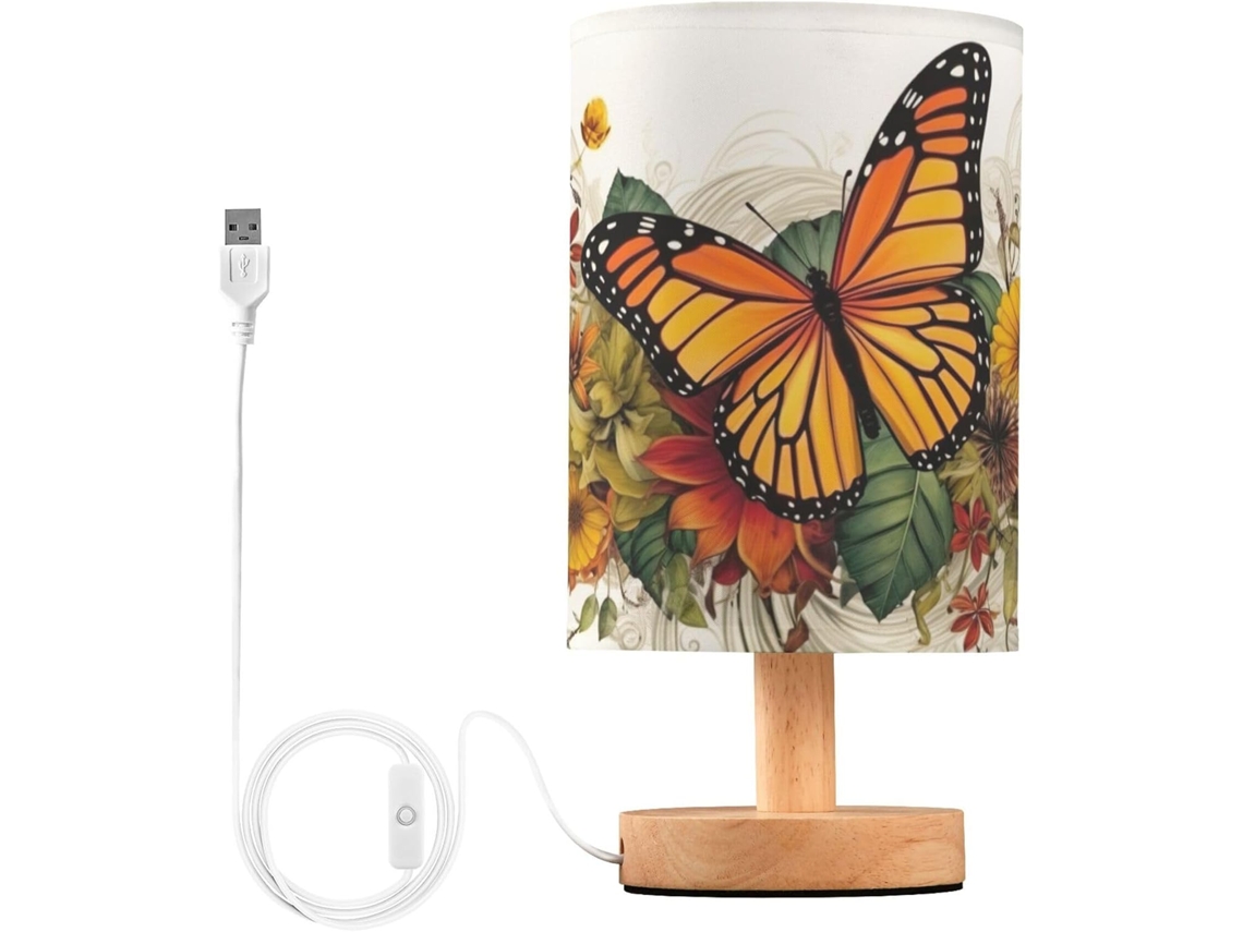 Abajur De Cabeceira Led Com Flores E Borboletas Para Quarto, Luminária De Leitura Com Cúpula Tecido, Base De Madeira E
