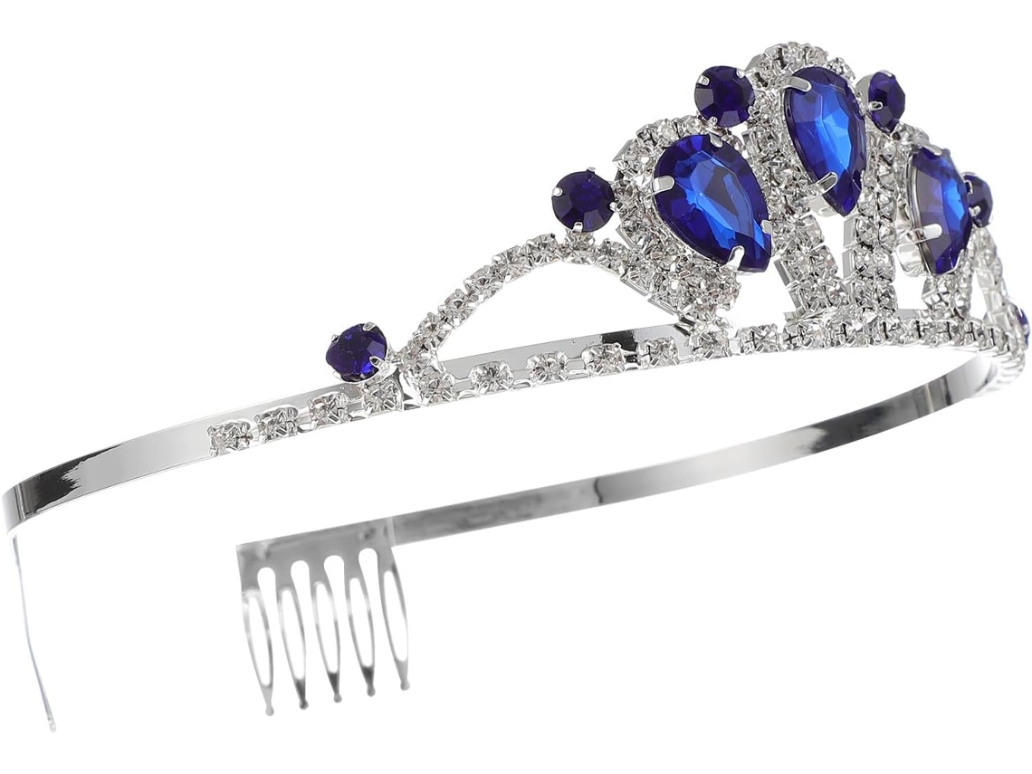 Coroa de casamento elegante em liga de zinco azul com strass, tiara de duas peças.