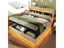 Cama 160x200 Cabeceira Arrumação Usb c Led Elevação Bege C/ Colchão