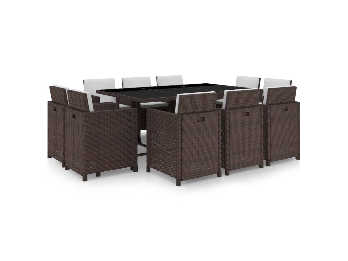 Conjunto 11 jantar exterior com almofadões VIDAXL vime PE castanho