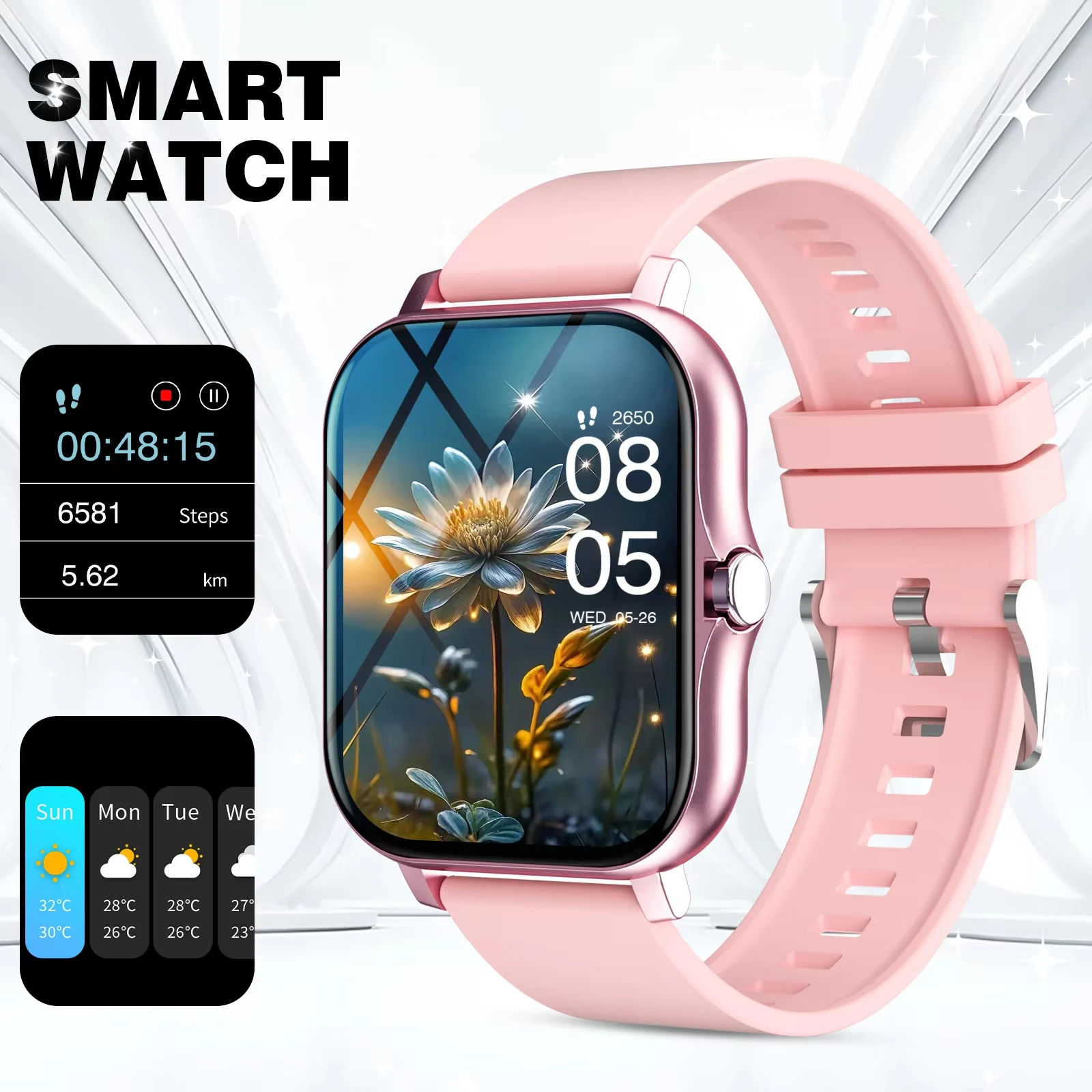 Relógio Desportivo Inteligente Rosa Ecrã Táctil Relógio Desportivo Fitness Chamada Bluetooth Digital MDUG