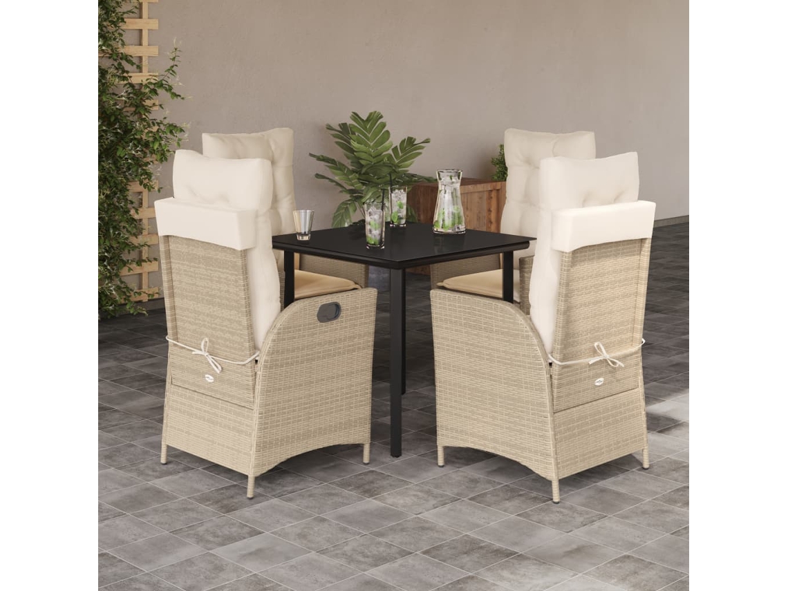 Vidaxl 5 Pcs Conjunto De Jantar P/ Jardim Com Almofadões Vime Pe Bege