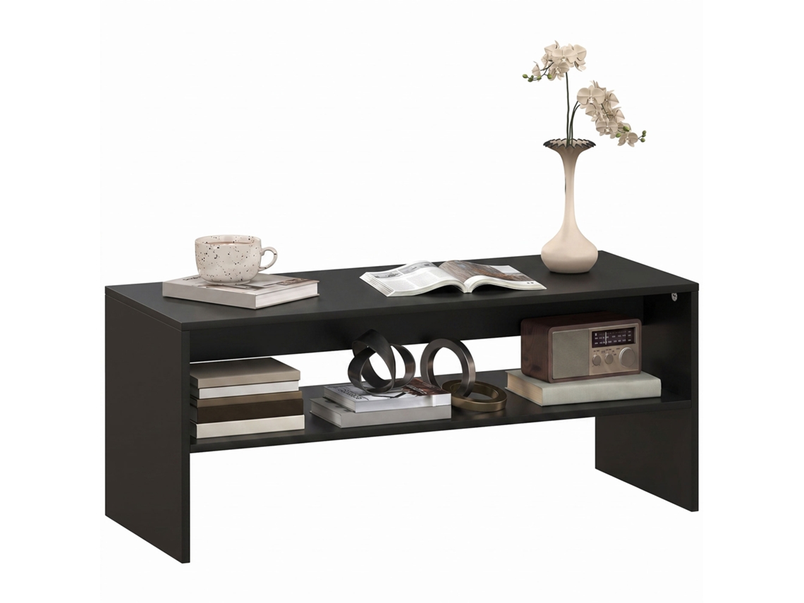 Mesa De Centro Moderna De Madeira Com 2 Níveis E Prateleira Aberta,100x40x41,5cm,preta.