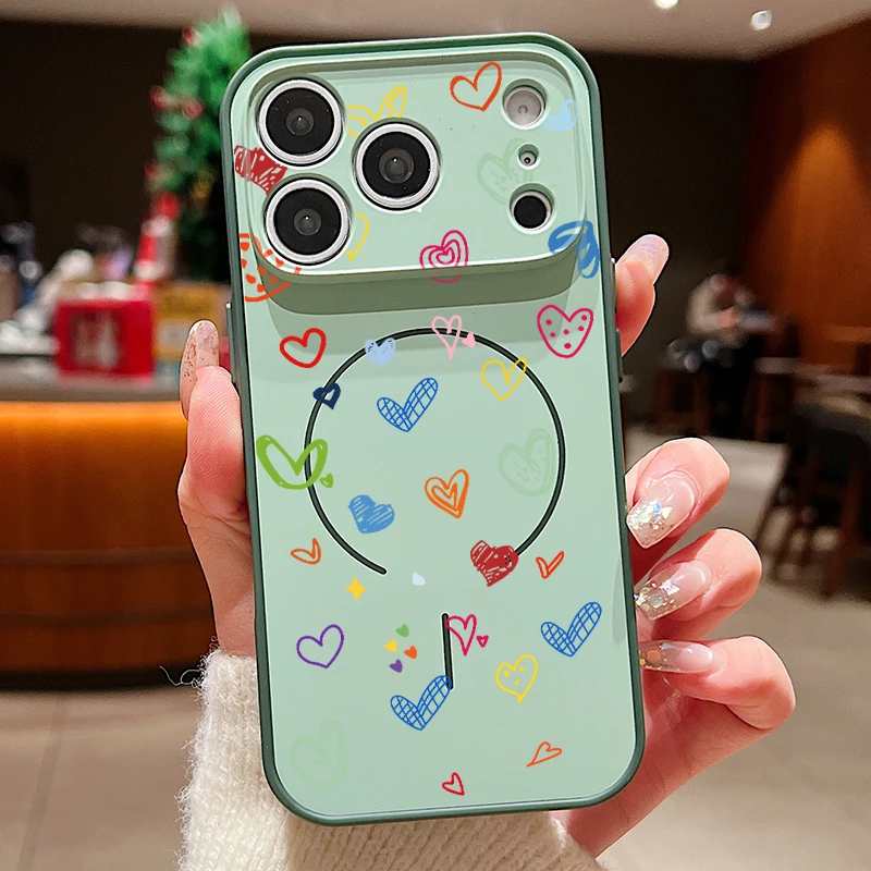 Capa Magnética Rígida Para Iphone 17 Pro Max Com Estampa De Coração (verde).