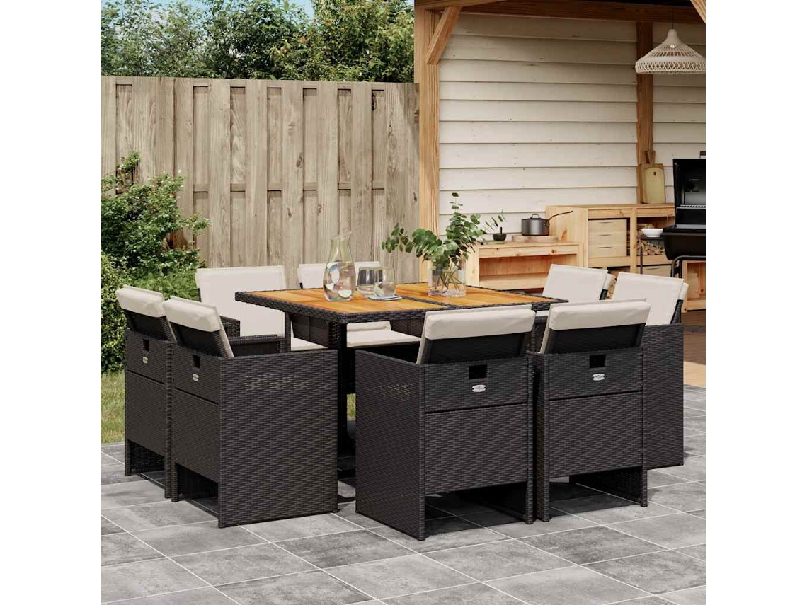 Vidaxl 9 Pcs Conjunto De Jantar P/ Jardim C/ Almofadões Vime Pe Preto