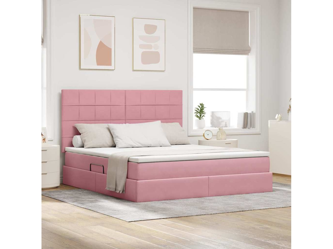 Vidaxl Cama De Armazenamento Led Com Colchão Rosa 160 X 200 Cm Veludo