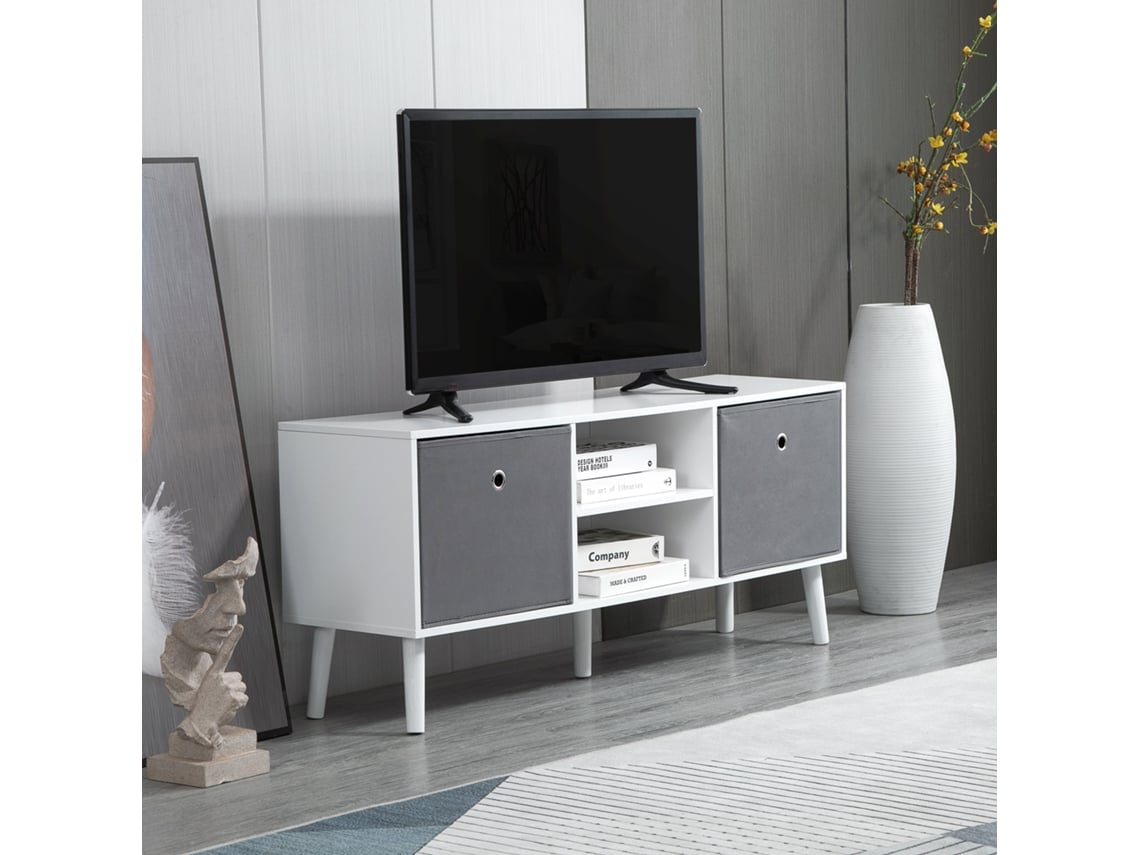 Móvel Para Tv Até 50 Polegadas, Branco E Cinza, Com Duas Gavetas Em Tecido E Prateleiras Abertas - 110x29x46,5 Cm