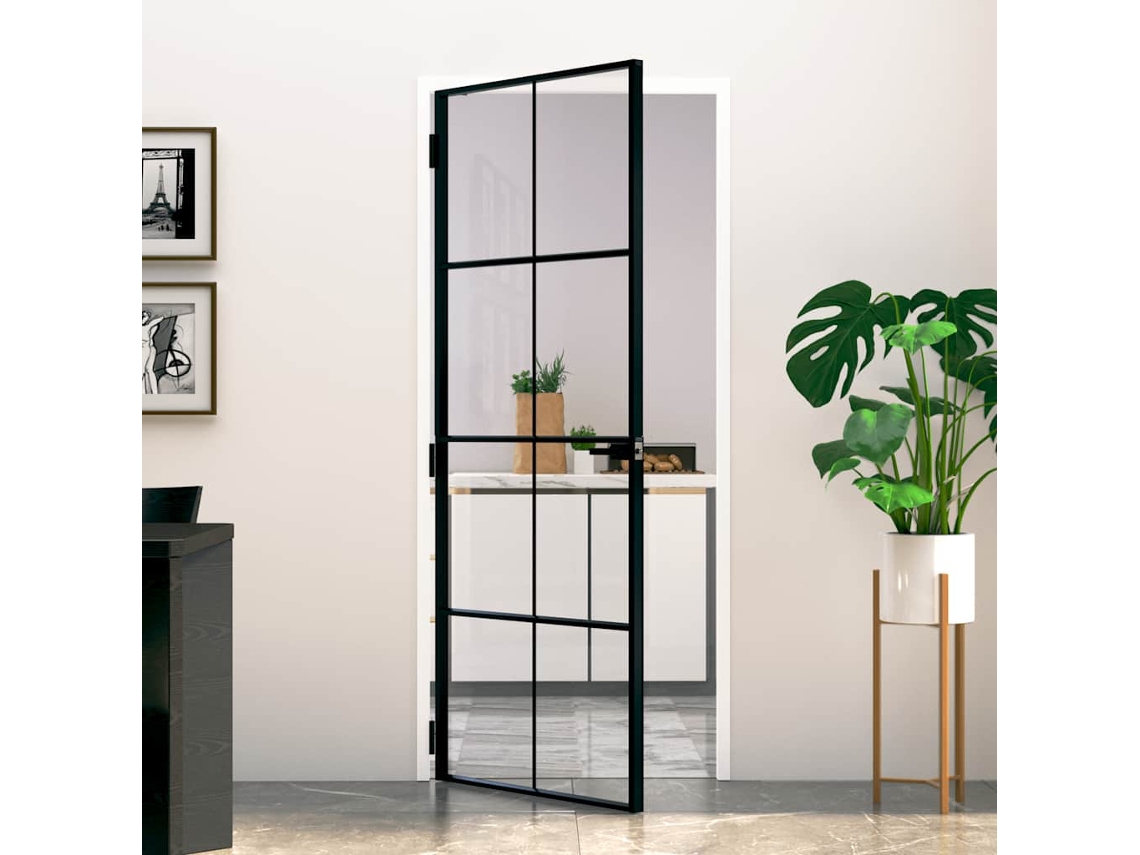 Vidaxl Porta Interior 83x201,5cm Vidro Temperado E Alumínio Fino Preto