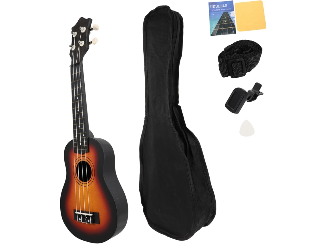 Ukulele De Madeira De 21 Polegadas Para Iniciantes, Preto, 4 Cordas
