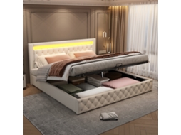Cama Funcional 180x200 Cm com Arrumação, Led, Estrutura Pu Branco, Estrado de Ripas, Sem Colchão VSOGA
