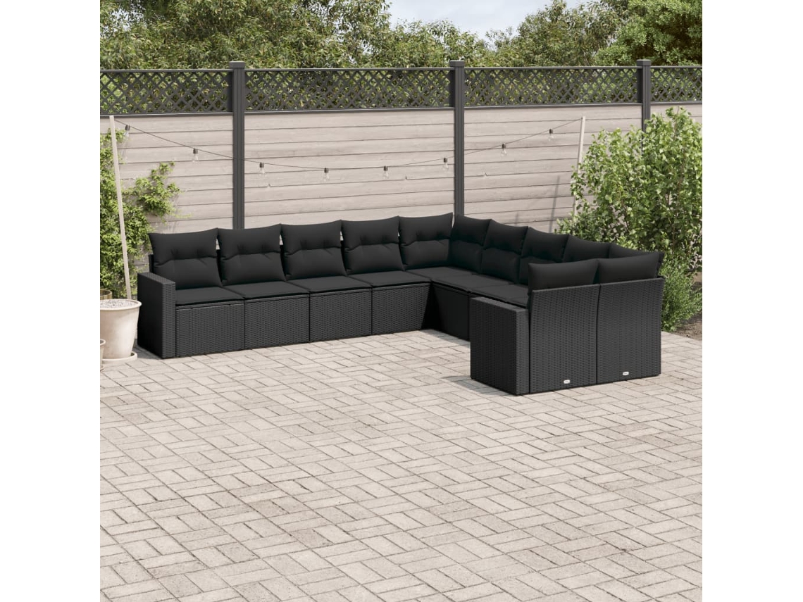 10 Pcs Conjunto Sofás De Jardim C/ Almofadões Vime Pe Preto Dkd Home Decor