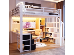 Hochbett 140x200cm Com Ferro Gavetas Prateleira Led Mesa Escada Armazenamento Branco