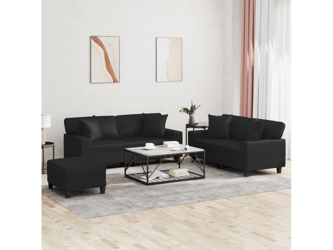 Vidaxl 3 Pcs Conjunto De Sofás Com Almofadas Couro Artificial Preto
