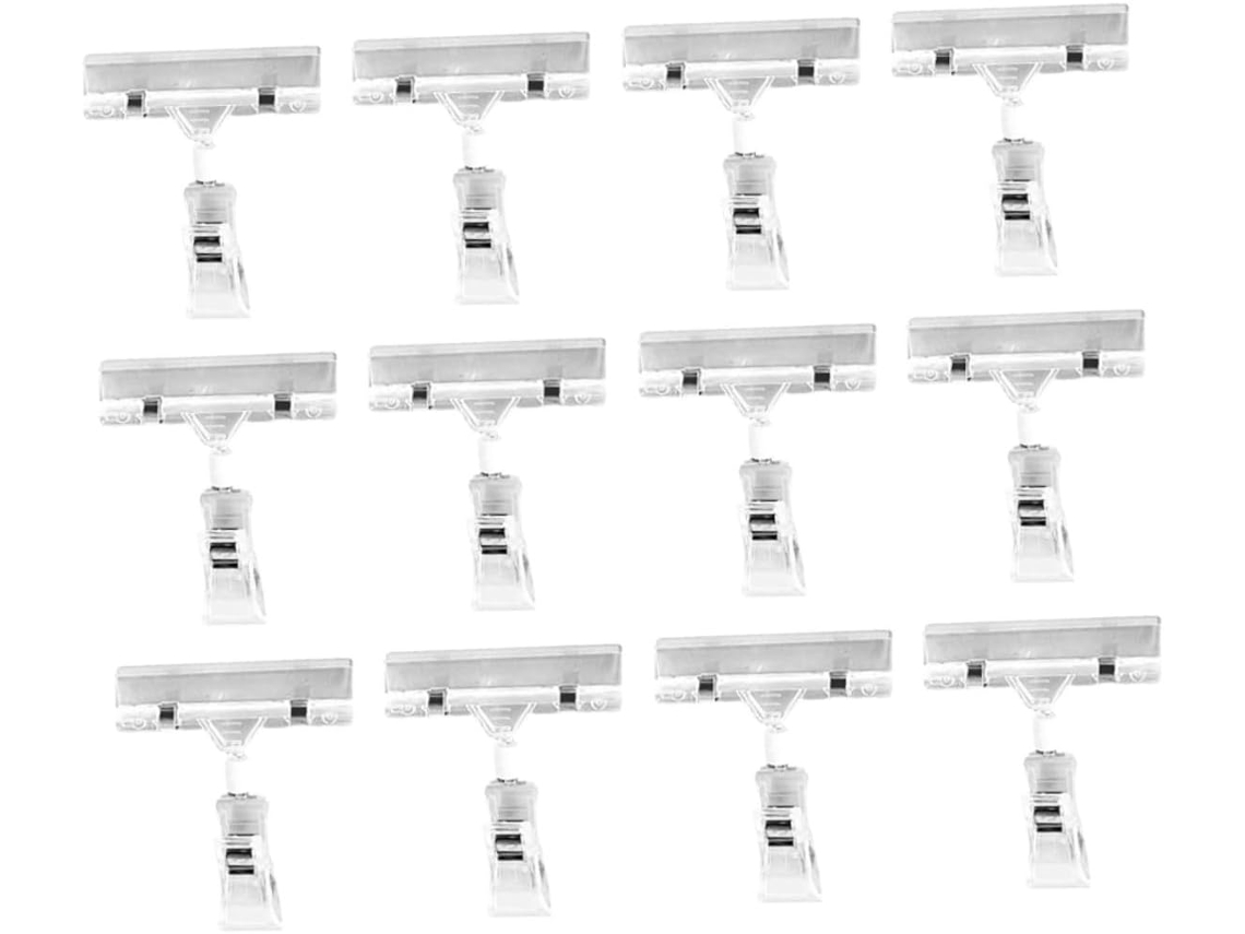 Conjunto de 30 clipes de plástico transparente com cabeça giratória dupla para exposição e organização em lojas.
