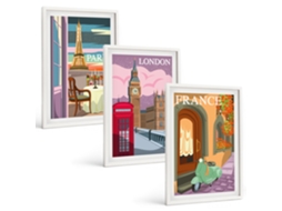Conjunto De Pinturas Vistas Retrô De Paris E Londres Moldura Branca Imagens Para Um Quarto Infantil Espelharte (3 Piezas De 40x60 Cm)