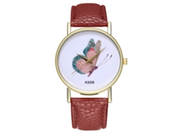 Relógio de pulso feminino com pulseira de couro marrom, design de borboleta e movimento de quartzo moderno.