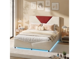 Cama hidráulica de armazenamento 140x190 cm, luz LED, veludo bege, adultos e adolescentes | ROSAHQNDA
