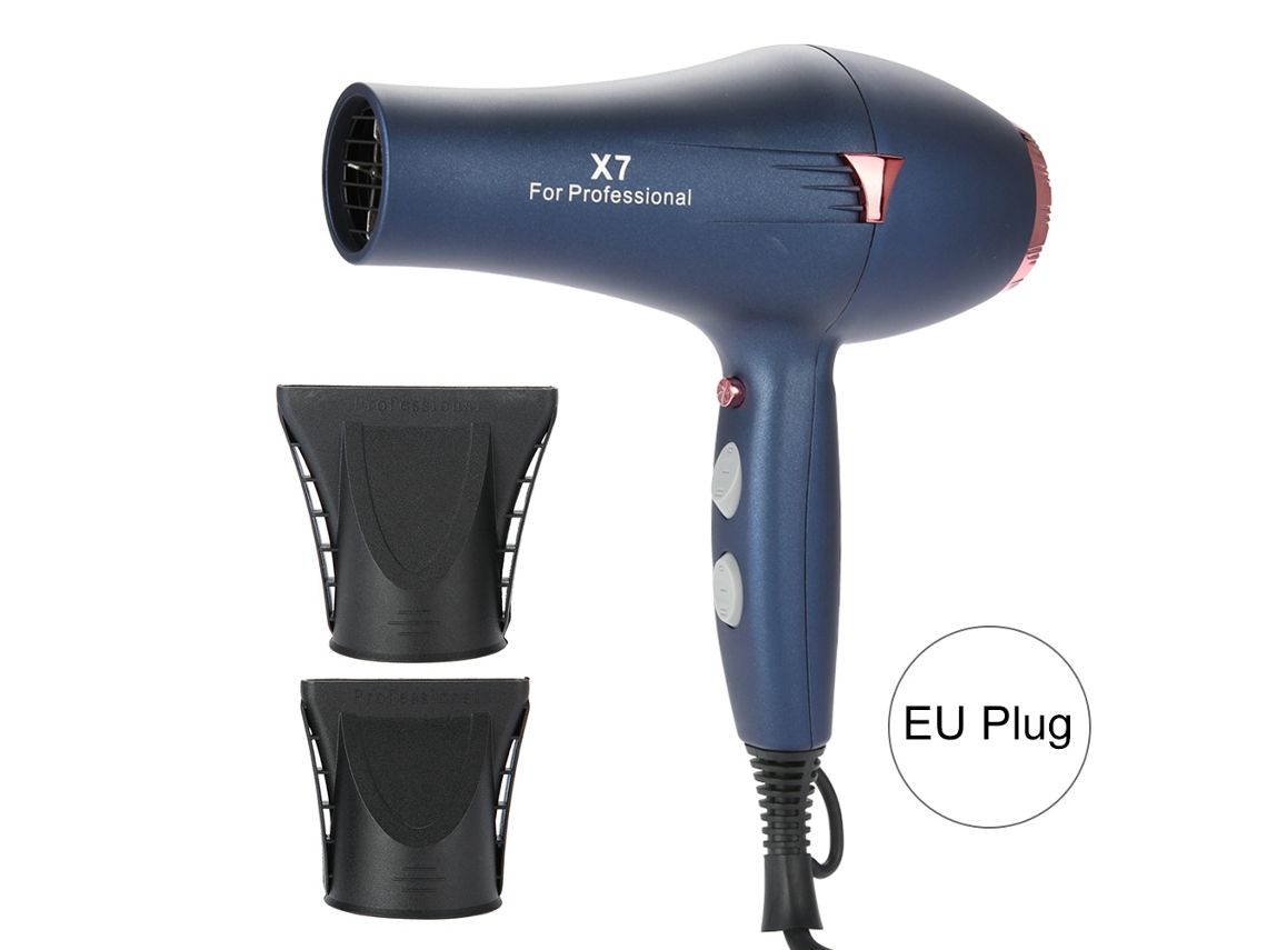Secador de cabelo profissional com íons negativos, modelo 2026, com bicos concentradores e difusor, ar quente e frio, azul.