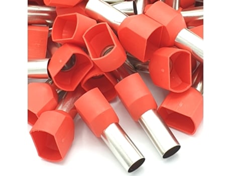 100 Unidades de Terminais de Extremidade de Cordão Duplo de 10mm Vermelho com Bota de Crimpagem Isolada