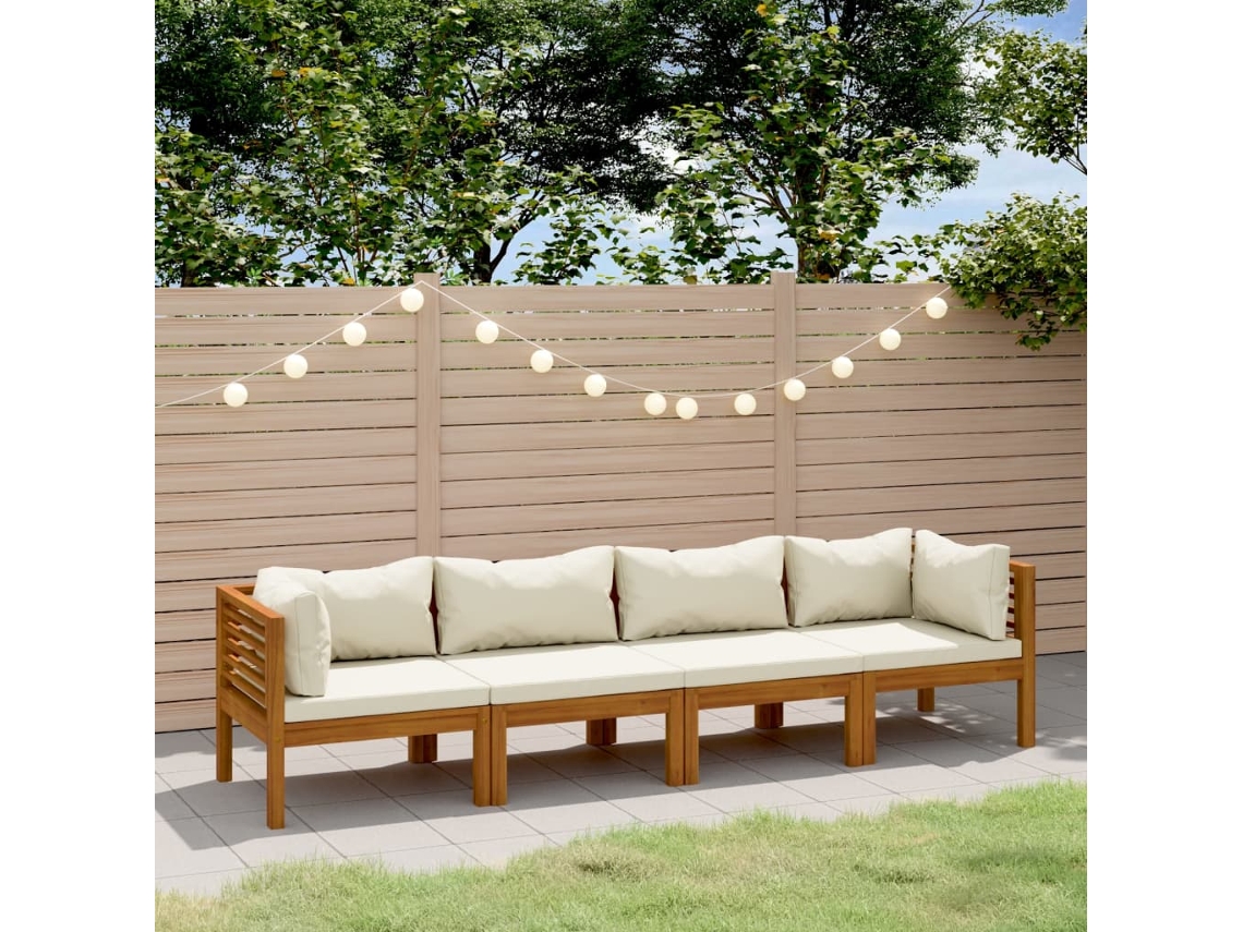Banco de Jardin 4 Lugares C/ Almofadões Cor Creme Acácia Maciça Dkd Home Decor