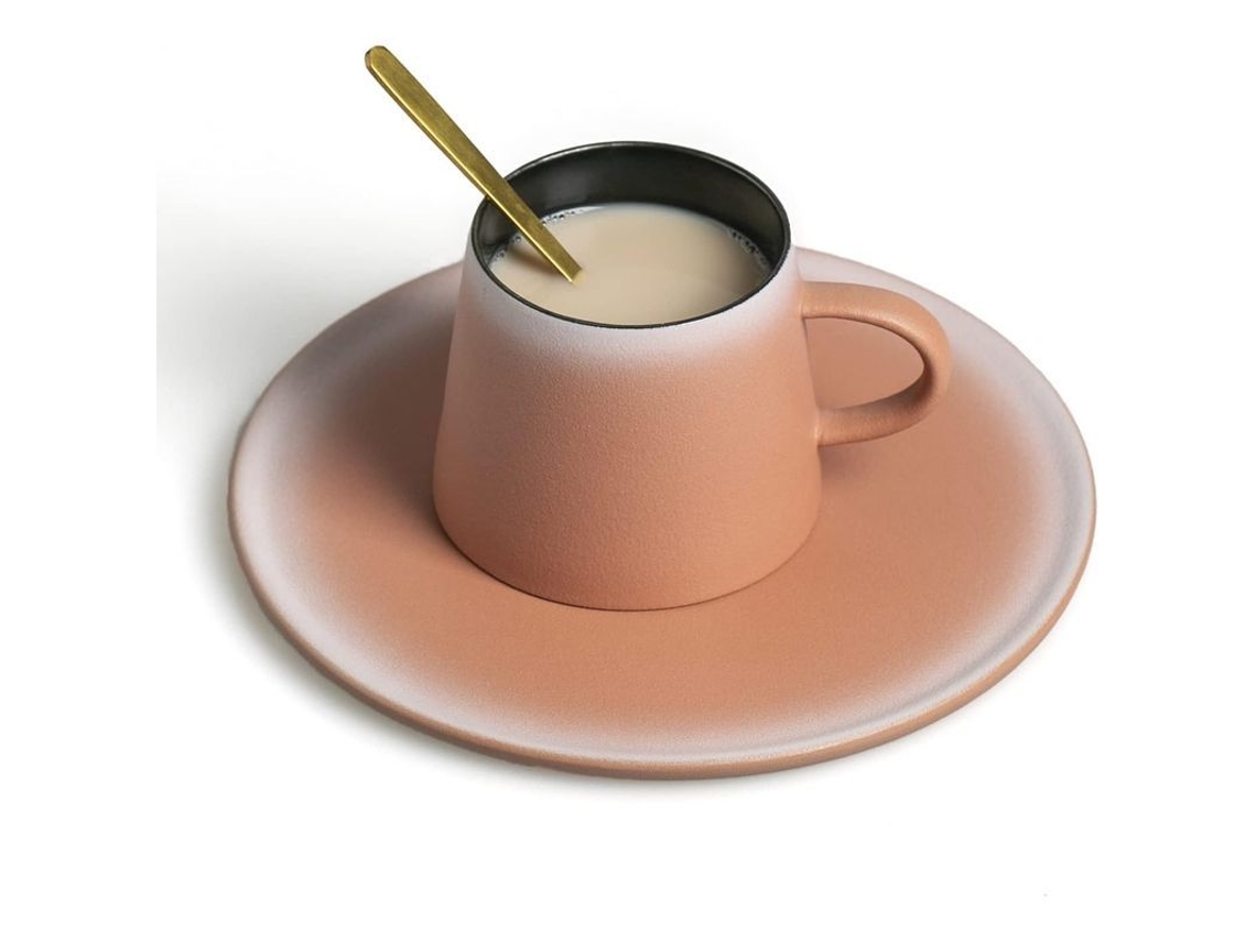 2026 set de Taza de Café com Prato e Colher Dourada, Taza de Cerâmica Rosa 7 Oz