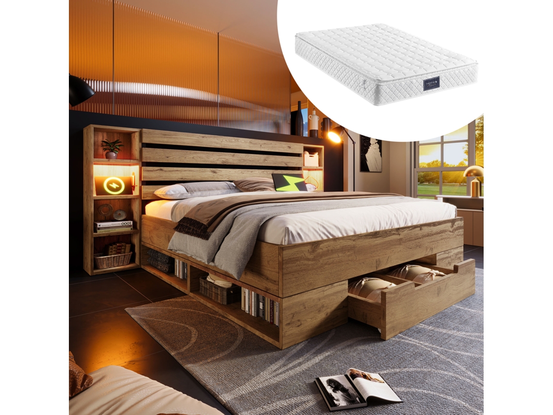 Cama Casal 160x200cm Maciça, Led, Usb c, Gavetas, Compartimentos, Estrutura, 272kg, Com Colchão, Carvalho KOMHTOM