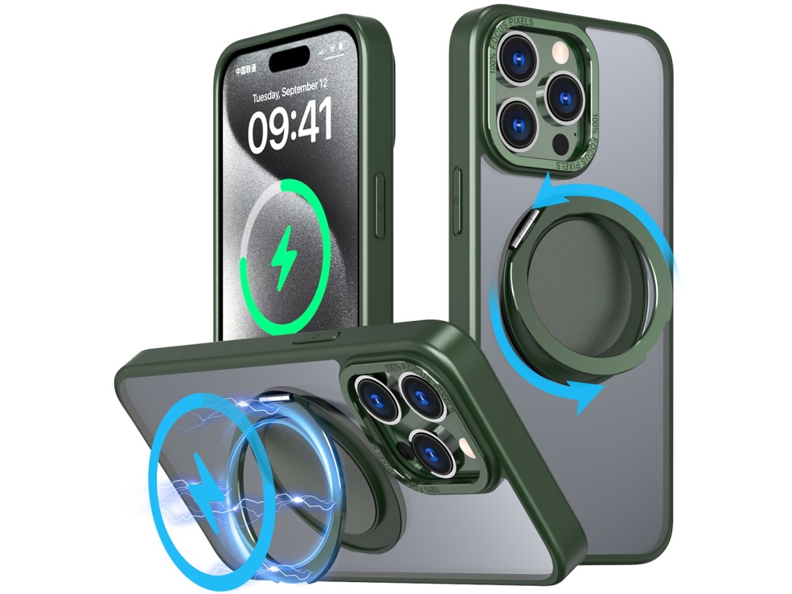 Suporte Casa Para Iphone 15 Pro Pele Sintética Magnética Verde