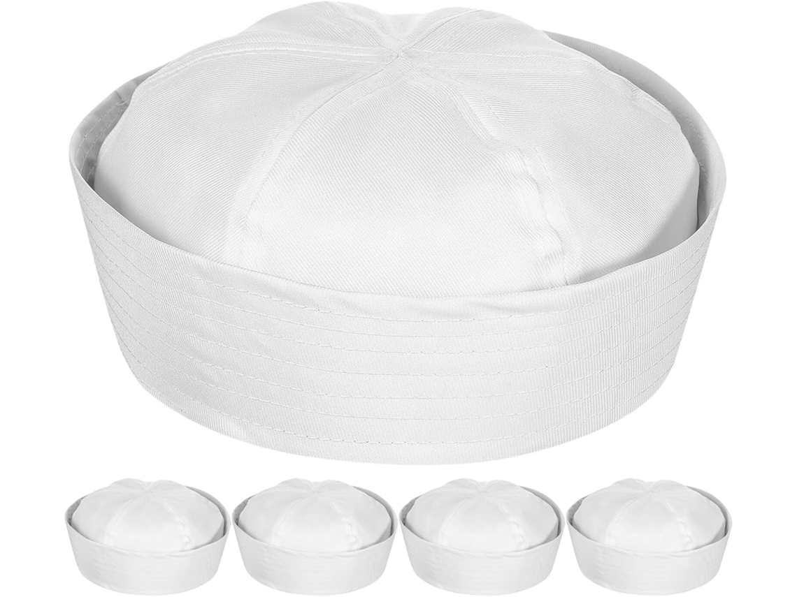 Conjunto De 5 Peças De Chapéu De Capitão Marinheiro Adulto Em Poliéster Branco, Confortável E Estável, Com Formato Adequado.