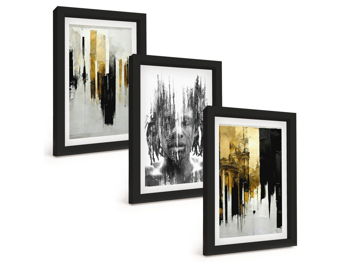 Composição De Quadros Na Parede Retratos Abstratos Contrastantes Moldura Preta Quadros Para A Sala De Estar Espelharte (3 Peças 20x30 Cm)