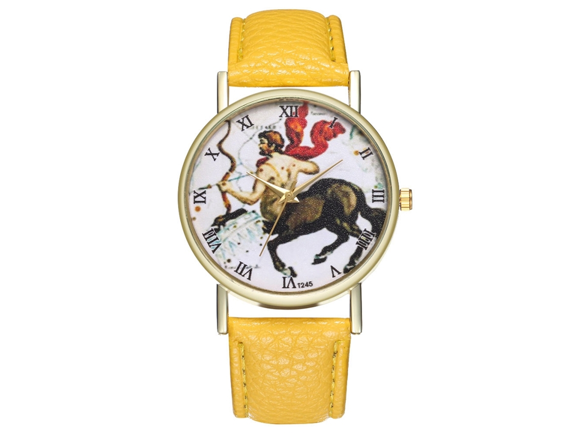 Relógio de Quartzo com Pulseira de Couro Estilo Simples Universal Centaurus Padrão Dial Amarelo