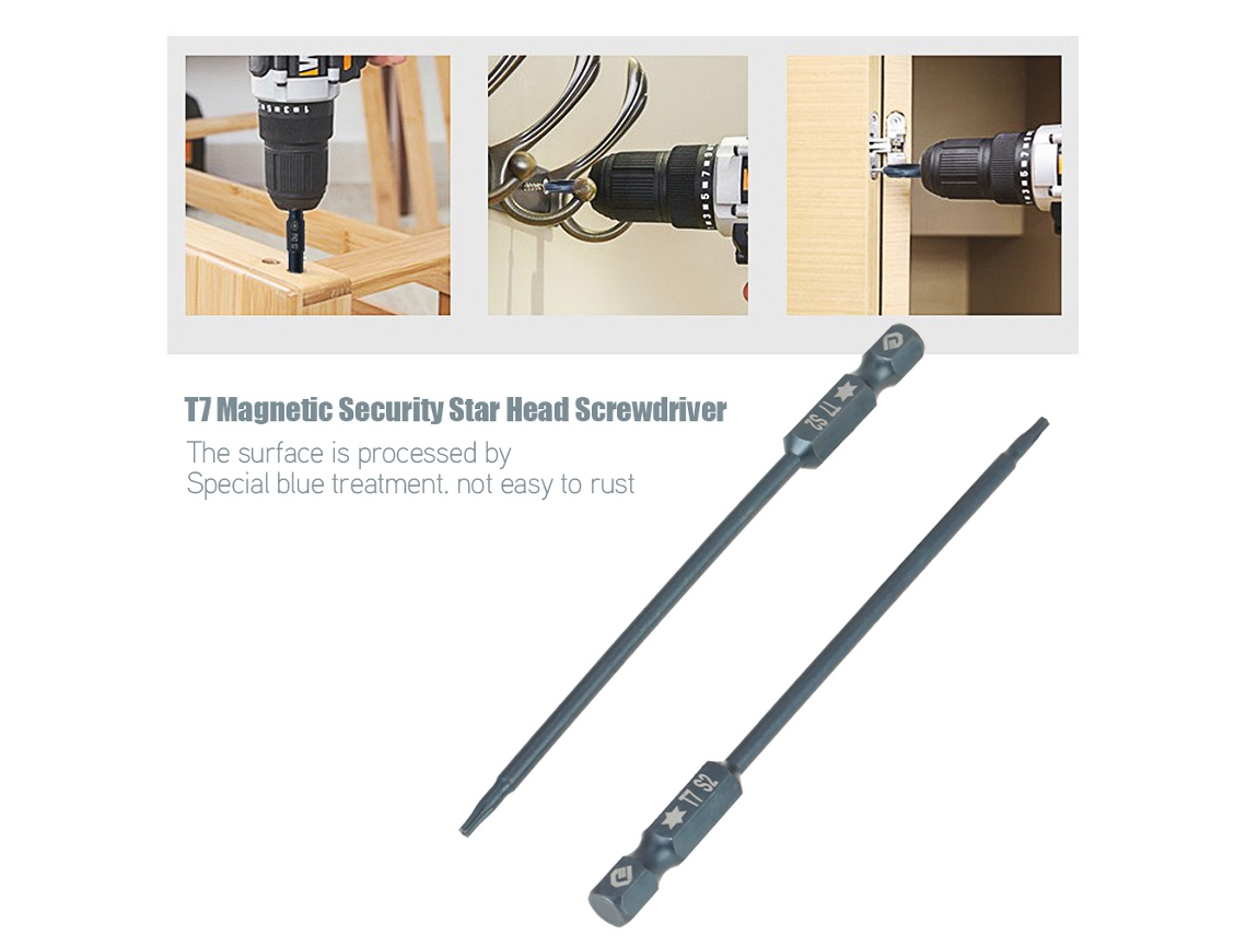 Kit De 10 Brocas De Chave De Fenda Estrela Segura T7 Com Cabo Hexagonal 1/4" 100mm Magnéticas