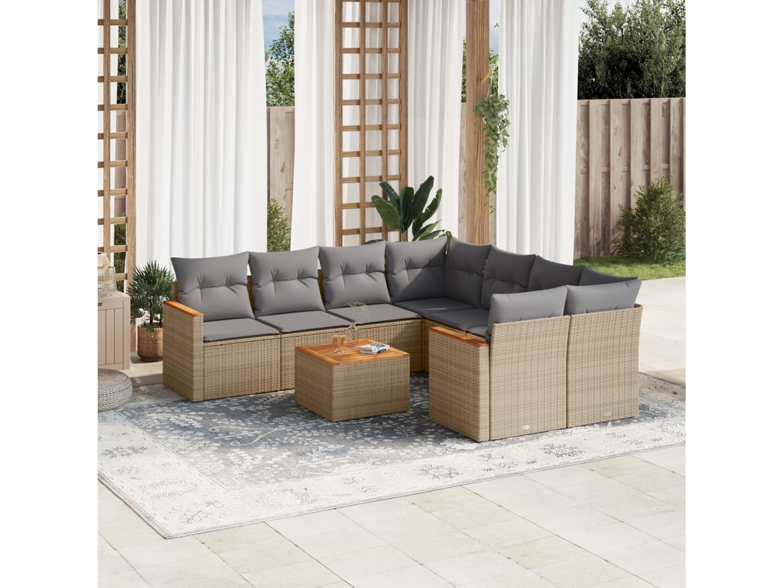Conjunto de 9 Sofás para Jardim com Almofadas Vime Pe Bege Dkd Home Decor